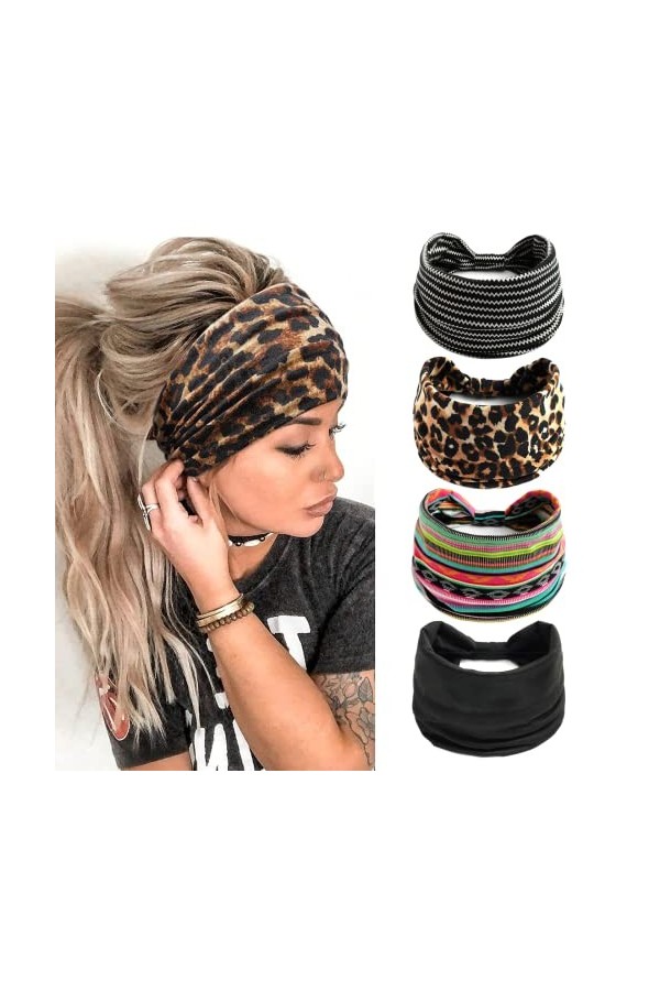 Kavya 4 Pièces Bandeau Cheveux Femme Large élastique Doux Boho Bandeaux Imprimé Léopard Yoga Sport Headband Multicolore Serre
