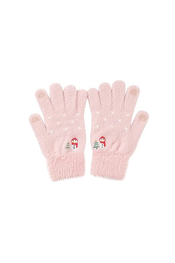 Gants dhiver chauds en peluche brodée avec motif bonhomme de neige pour femme par temps froid rose, taille unique 