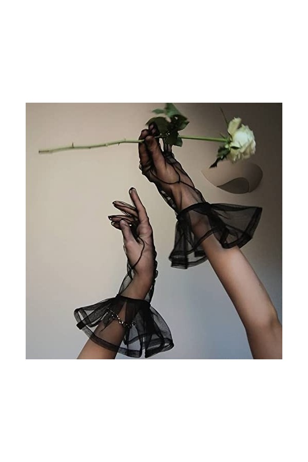 Gants français à volants pour femme - Couleur unie - Respirant - Pour fête, discothèque, mariage - En maille - Courts gants e