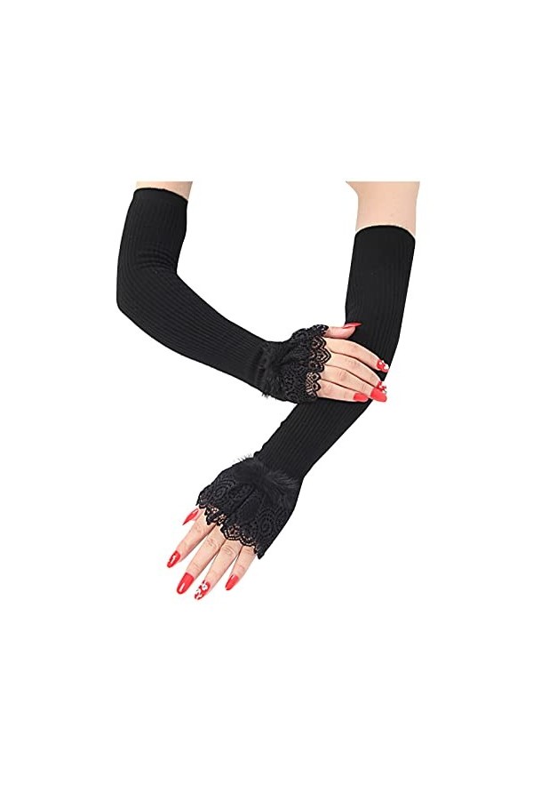 Dapei Gants chauds en laine pour femme - Manches longues en dentelle - Gants de vison convertibles, Noir , taille unique