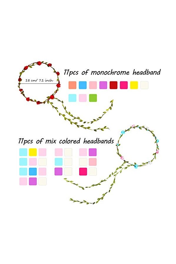 FEPITO 22 Pcs Fleur Couronne Multicolore Couronne Florale Guirlande Florale Bandeaux pour Femmes Filles Cheveux Accessoires 