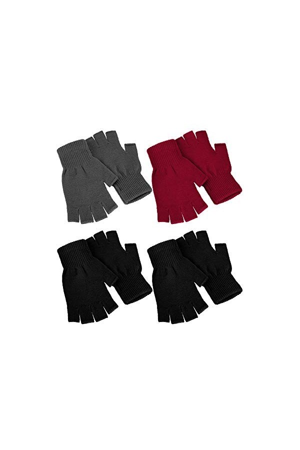 4 paires de mitaines dhiver en tricot pour homme et femme - gants chauds et extensibles, demi-doigts, sans doigts - Multicol