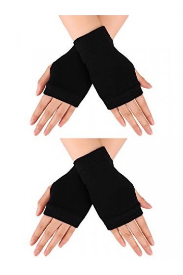 Blulu Gants Chauds sans Doigts avec Trou de Pouce Noir, 2 Pairs 