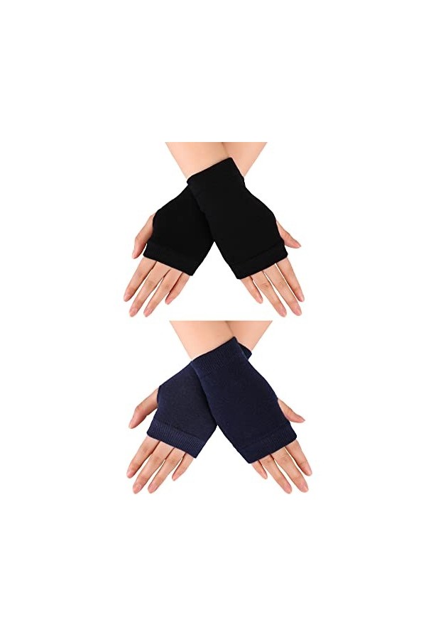 Blulu Gants Chauds sans Doigts avec Trou de Pouce Noir, 2 Pairs 