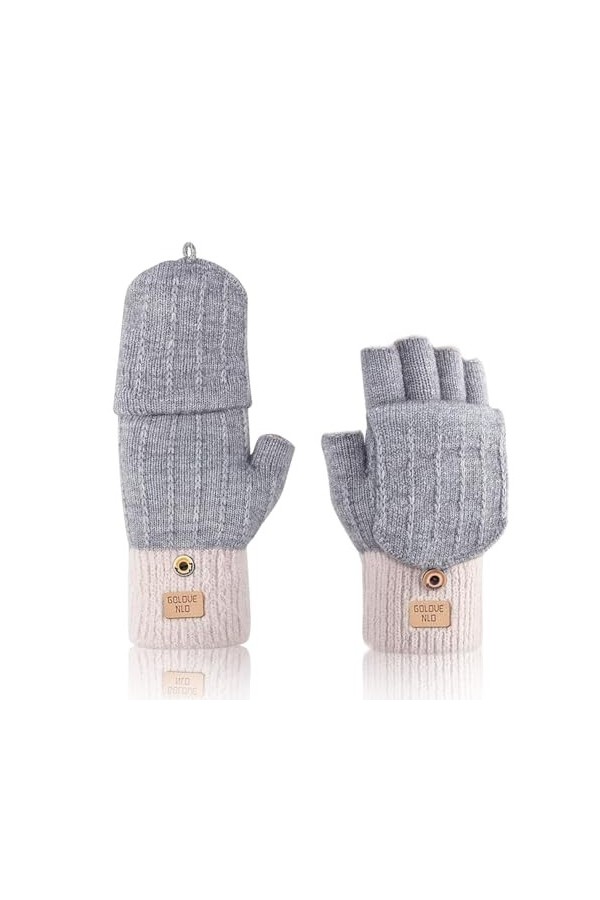 Aoreun Mitaines dhiver tricotées en laine, Mitaines dHiver sans Doigts Convertibles, Mitaines Convertibles Moelleuses, Élas