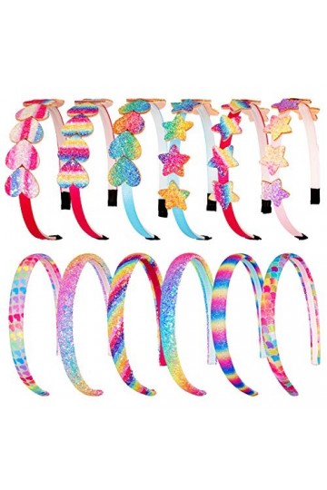 Whaline Lot de 12 bandeaux arc-en-ciel à paillettes pour filles avec cœurs et étoiles - Accessoires pour cheveux pour filles