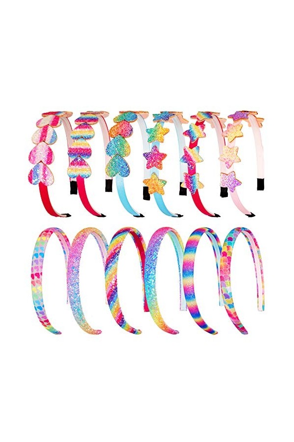 Whaline Lot de 12 bandeaux arc-en-ciel à paillettes pour filles avec cœurs et étoiles - Accessoires pour cheveux pour filles