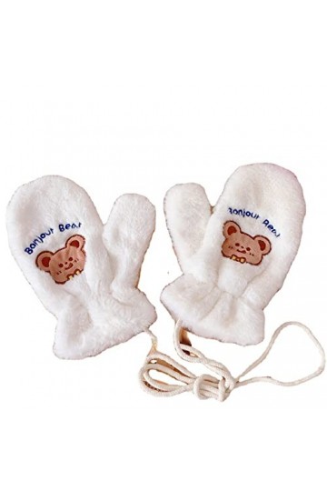 Gants en peluche Kawaii ours brodé mitaines pelucheuses doublées Sherpa Accessoires dhiver chauds, beige, Taille Unique