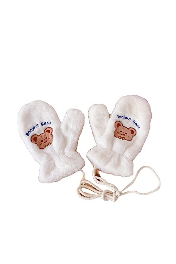 Gants en peluche Kawaii ours brodé mitaines pelucheuses doublées Sherpa Accessoires dhiver chauds, beige, Taille Unique
