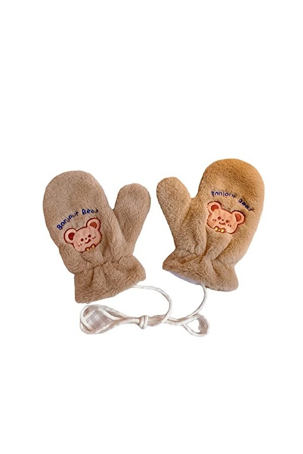Gants en peluche Kawaii ours brodé mitaines pelucheuses doublées Sherpa Accessoires dhiver chauds, beige, Taille Unique