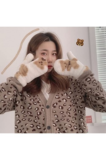 Gants en peluche Kawaii avec imprimé ours en peluche - Mitaines doublées Sherpa - Accessoires dhiver chauds, blanc, Taille U
