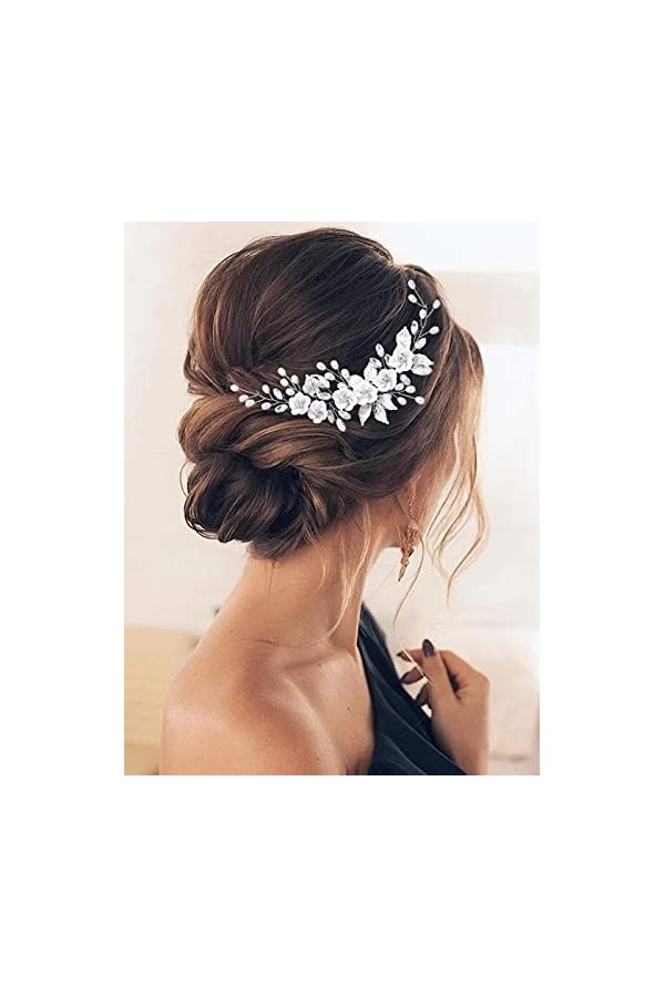 GORAIS Serre-tête en forme de fleur pour mariée avec cristaux argentés pour femmes et filles