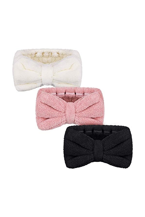Lot de 3 bandeaux en microfibre avec nœud papillon pour femme, pour le lavage du visage, le maquillage, le spa, le douche, po