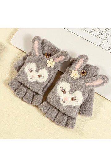 Mesdames Mignon Lapin Flip Gants sans Doigts, Gants sans Doigts en Peluche Chauds dhiver, Gants sans Doigts Chauds pour Lex