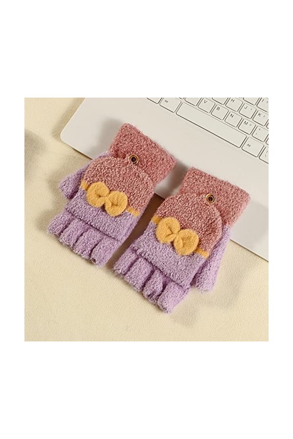 Liyinco Gants sans Doigts Mignons avec nœud Papillon pour Dames, Gants sans Doigts en Peluche Chauds pour lhiver, Gants sans