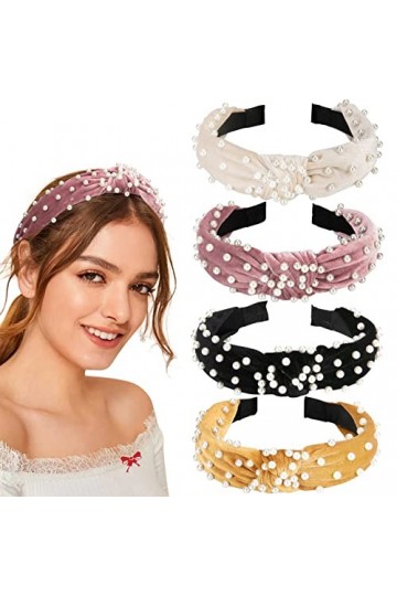 Allucho Bandeaux pour femmes, bandeaux noués avec perles et nœud supérieur, turban vintage, accessoires de cheveux tendance p