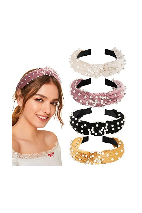 Allucho Bandeaux pour femmes, bandeaux noués avec perles et nœud supérieur, turban vintage, accessoires de cheveux tendance p