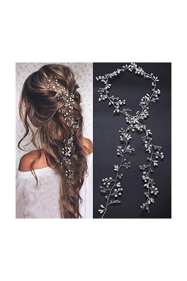 Deniferymakeup mariée Or rose et doré Argent Extra long Perle et perles de cristal de mariage Cheveux Vigne