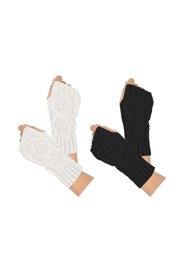 Moseem Lot de 2 paires de mitaines dhiver pour femme - Mitaines dhiver en tricot chaud - Moufles courtes tricotées, Noir + 