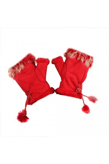 Butterme Mitaines dhiver chaudes en fourrure de lapin pour femme Rouge