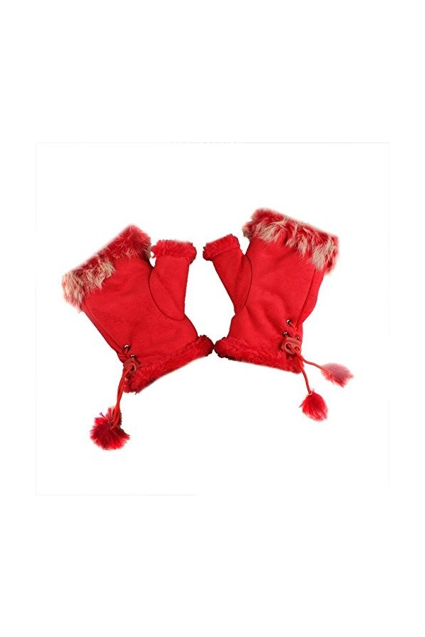 Butterme Mitaines dhiver chaudes en fourrure de lapin pour femme Rouge