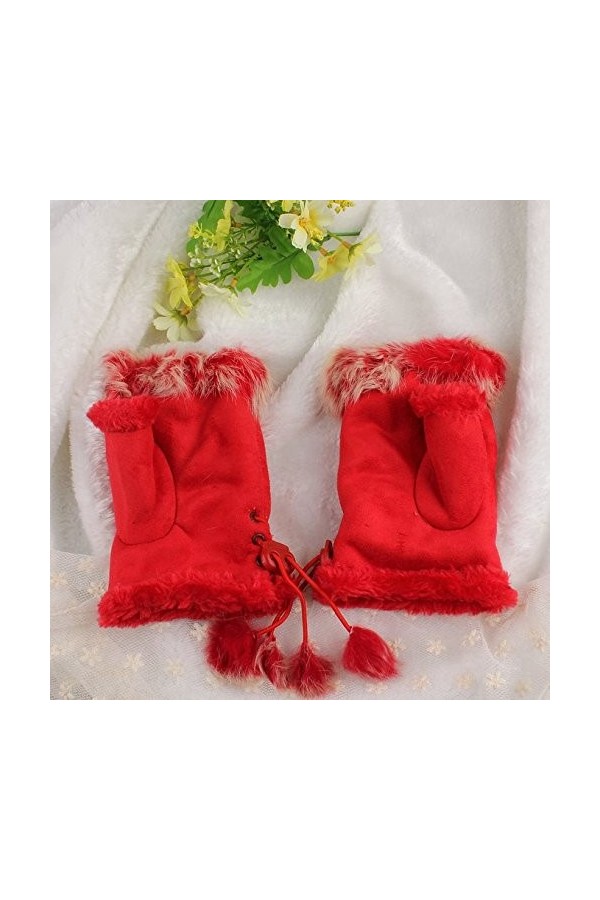 Butterme Mitaines dhiver chaudes en fourrure de lapin pour femme Rouge