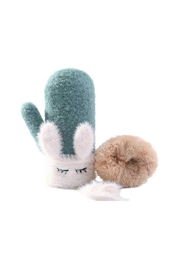 karrychen Enfants Hiver Chaud Gants complets Doigts Mignon Dessin animé Oreilles de Lapin Mitaines doublées en Peluche-Vert 