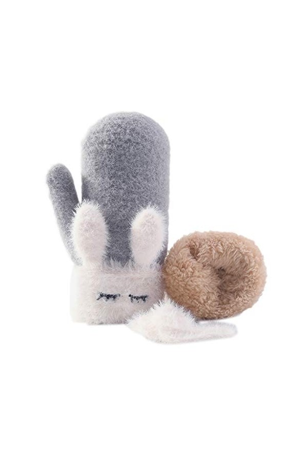 Karrychen Enfants Hiver Chaud Gants complets Doigts Mignon Dessin animé Oreilles de Lapin Mitaines doublées en Peluche-Gris C