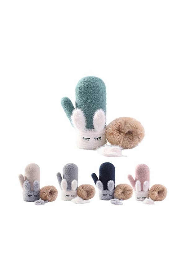 Karrychen Enfants Hiver Chaud Gants complets Doigts Mignon Dessin animé Oreilles de Lapin Mitaines doublées en Peluche-Gris C
