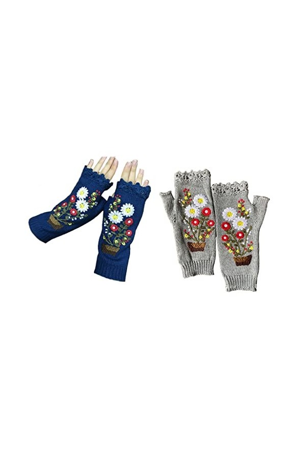 FUZYXIH Mitaines tricotées extensibles, mitaines en tricot doux, gants brodés à fleurs, gants longueur poignet, gants mitaine