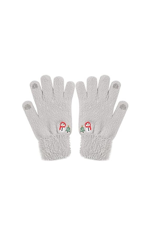 Gants dhiver chauds en peluche brodés pour femme - Motif bonhomme de neige - Gris - Taille unique
