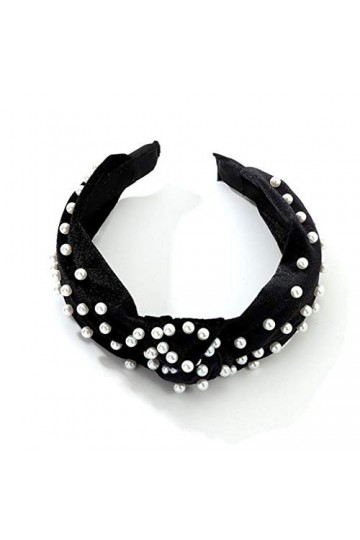 Serre-tête pour femme avec perles - 1 pièce torsadées en velours et fausses perles - Accessoire de coiffure - Noir