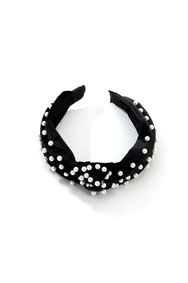 Serre-tête pour femme avec perles - 1 pièce torsadées en velours et fausses perles - Accessoire de coiffure - Noir