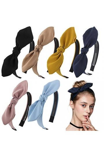 Carede Lot de 6 bandeaux solides avec nœud torsadé pour femme avec oreilles de lapin en plastique avec dents en tissu élastiq