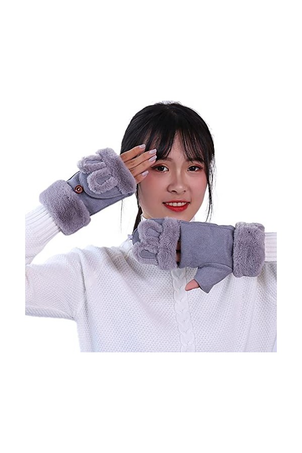 Zju60 Gants thermiques pour femme en daim avec poignets élastiques et doublure chaude, gris, taille unique
