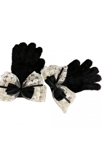 Eiudxue Y2K Moufles dhiver en fourrure avec nœud et écran tactile chaud pour garder au chaud Gants thermiques en fourrure