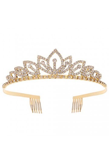 Diadème de princesse en cristal avec peigne pour femmes et filles - Pour cosplay, fête, mariage - 14 cm - Doré