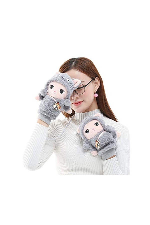 KieTeiiK Gants, gants en peluche chinchilla de dessin animé avec doublure épaisse, moufles chaudes
