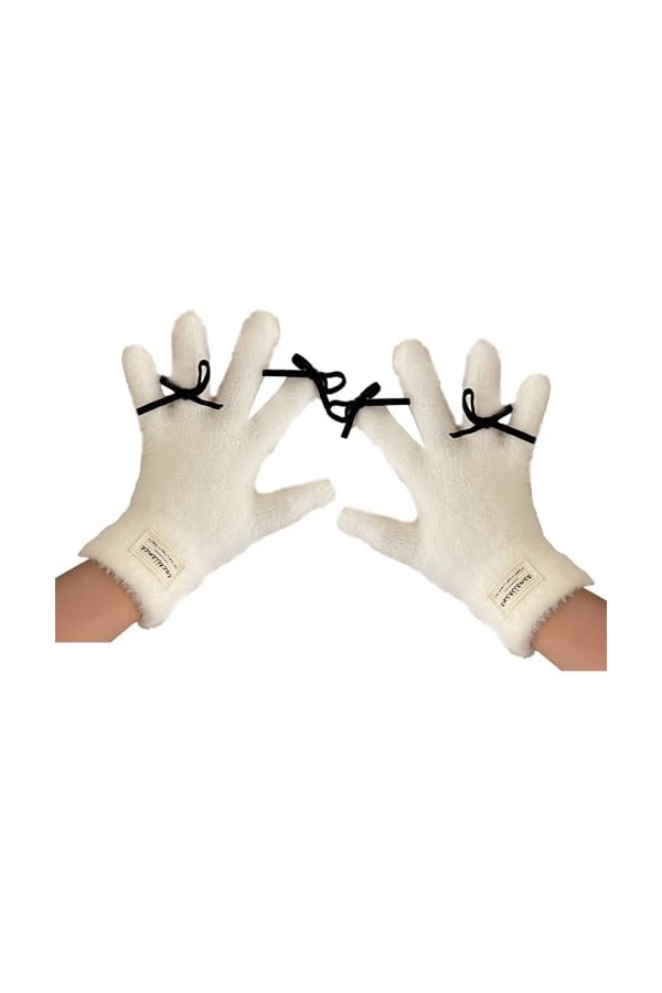 Eiudxue Y2K Moufles dhiver en fourrure avec nœud et écran tactile chaud pour garder au chaud Gants thermiques en fourrure