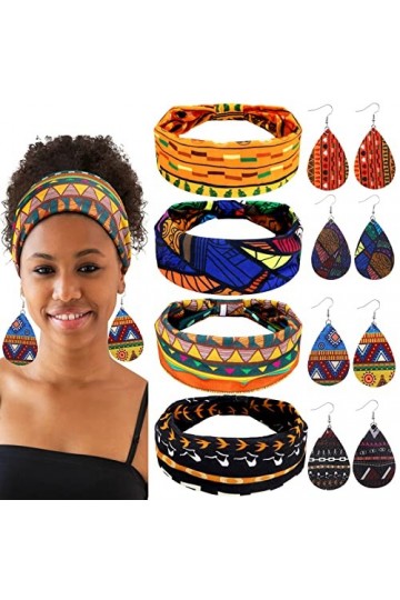 4 Paires Boucles dOreilles Africaines en Faux Cuir 4 Pièces Bandeaux Africains, Boucles dOreilles de Larme Bandes de Cheveu