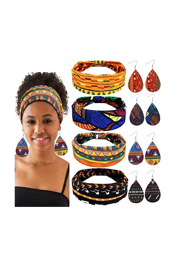 4 Paires Boucles dOreilles Africaines en Faux Cuir 4 Pièces Bandeaux Africains, Boucles dOreilles de Larme Bandes de Cheveu