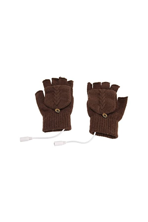 Gants sans Doigts Chauffants USB, Automne Hiver Tricotés Chauds Gants électriques USB Double Face pour Femmes Enfants Brun 