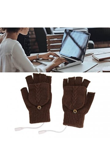 Gants sans Doigts Chauffants USB, Automne Hiver Tricotés Chauds Gants électriques USB Double Face pour Femmes Enfants Brun 