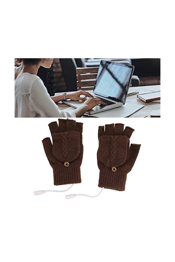 Gants sans Doigts Chauffants USB, Automne Hiver Tricotés Chauds Gants électriques USB Double Face pour Femmes Enfants Brun 
