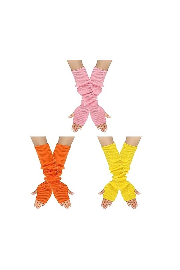 3 Paires de gants tricotés Gingerlose Gants longs Réchauffeurs de bras Femme Trou de pouce Gants extensibles Coude Manchettes