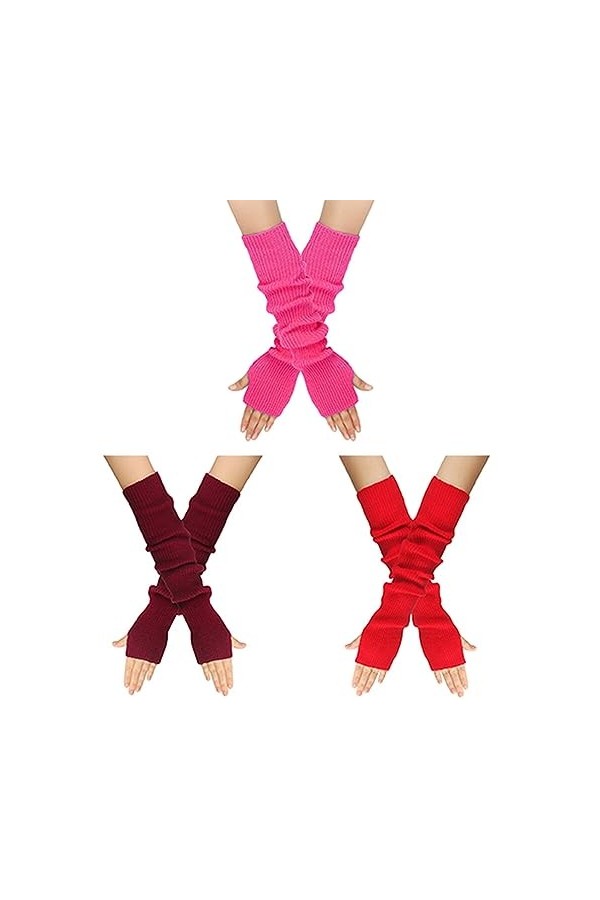 3 Paires de gants tricotés Gingerlose Gants longs Réchauffeurs de bras Femme Trou de pouce Gants extensibles Coude Manchettes