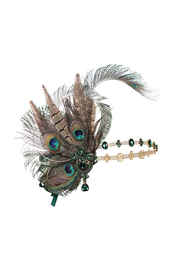 Coucoland Bandeau de Flapper pour Femme Bandeau de Plumes de Paon Coiffe du Style Gatsby des Années 1920 Vert