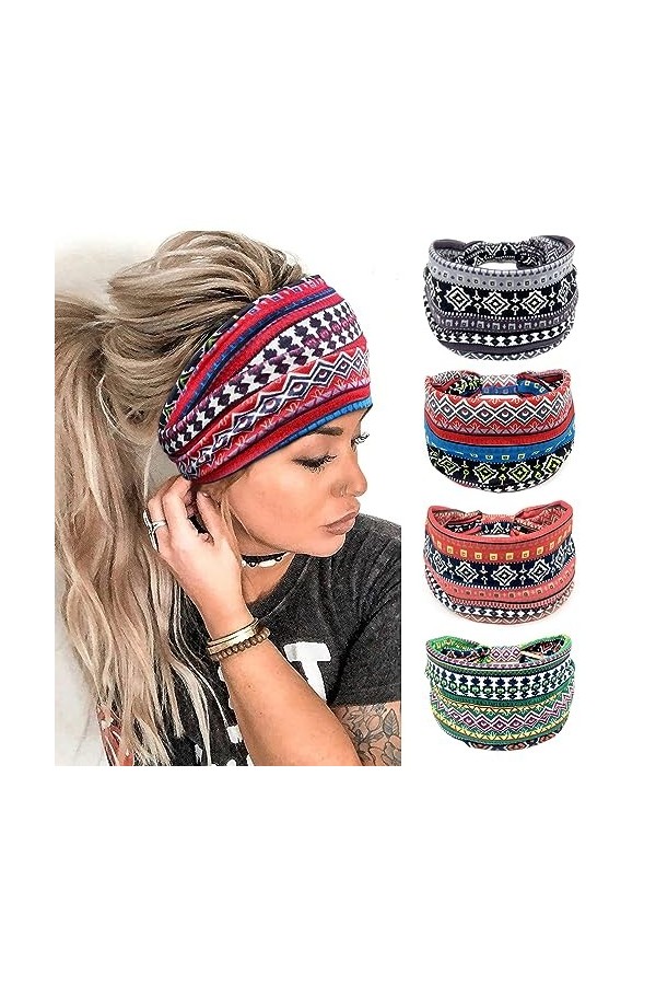 Kavya 4 Pièces Bandeau Cheveux Femme Large élastique Doux Boho Bandeaux Imprimé Léopard Yoga Sport Headband Multicolore Serre