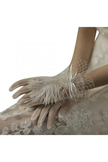 iSpchen Gants De Mariage, Gants De Mariée Femme Gants Courts Avec Des Plumes Gants De Mariée En Maille Gants DOpéra Gants Se