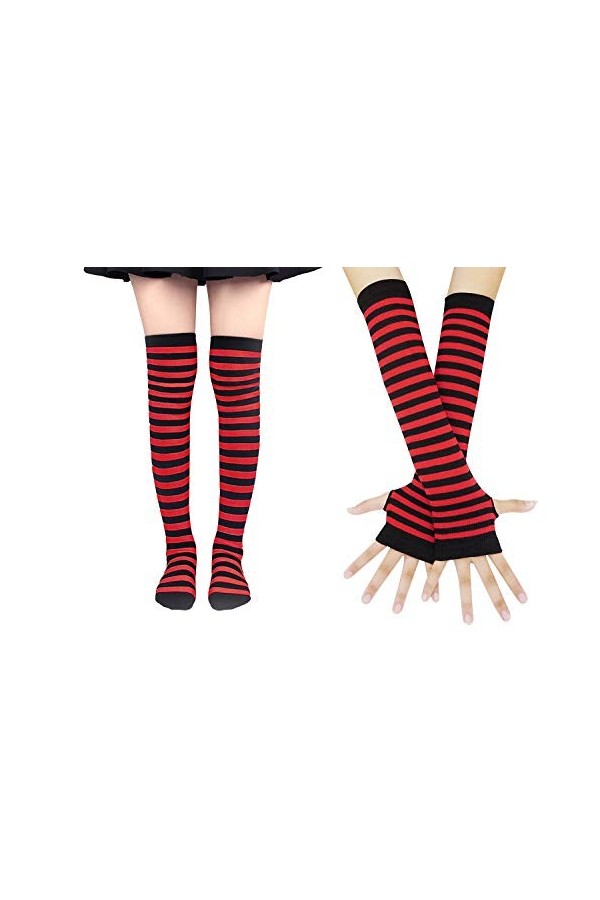 Bienvenu Lot de mitaines chaudes et de chaussettes hautes rayées pour femme, rose clair, taille unique